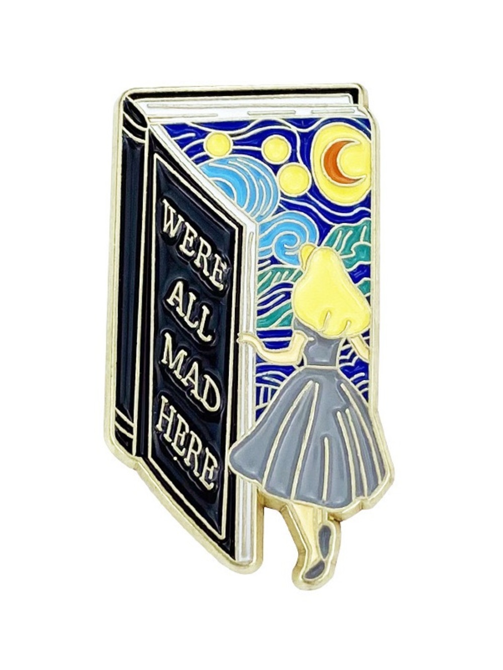 Fantasy Book Portal Enamel Pin “We’re All Mad Here” Quote Book Lover